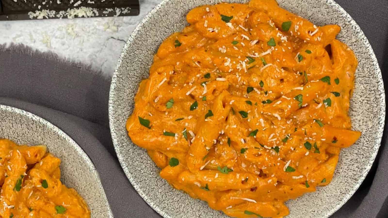 Two bowls of penne alla vodka, with Parmesan by the side.