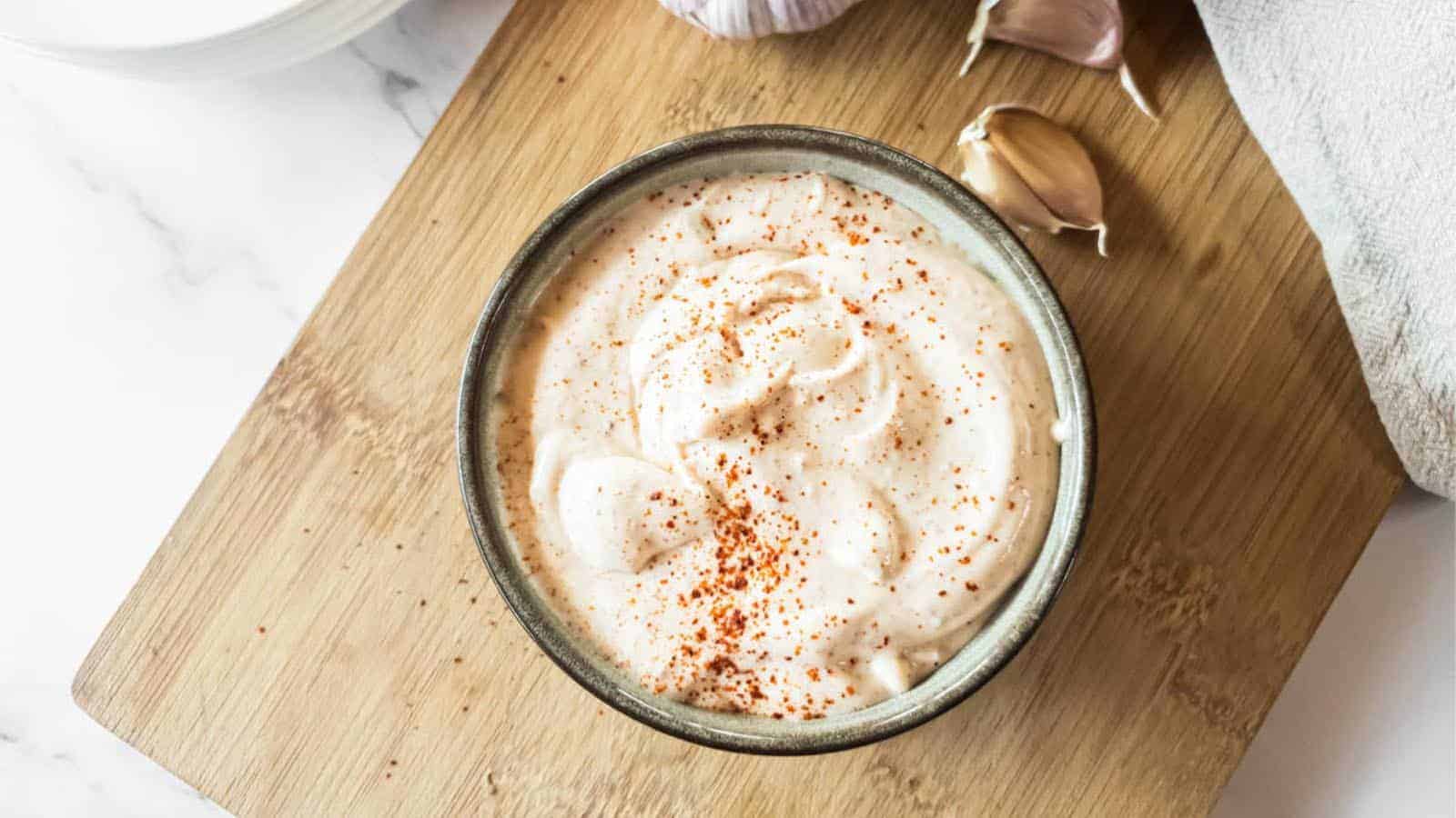 A bowl of spicy mayonnaise and garlic on a cutting board.