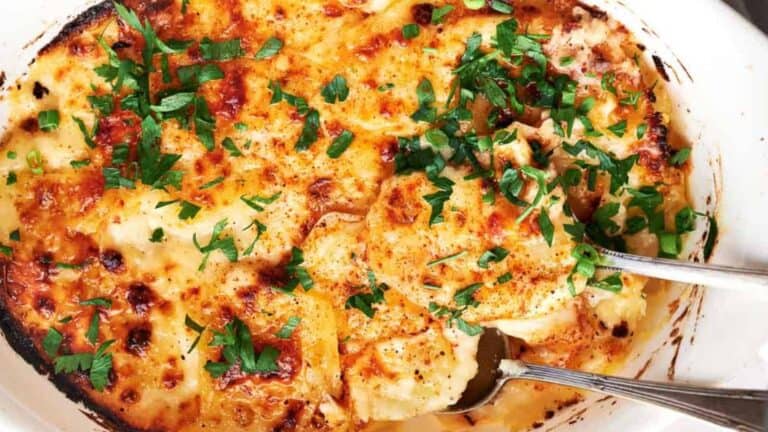 A casserole dish with cheesy potatoes and parsley.