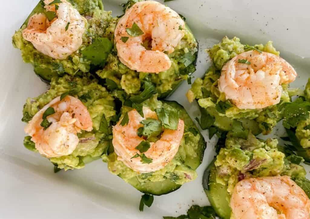 Shrimp and guacamole cucumber bites.