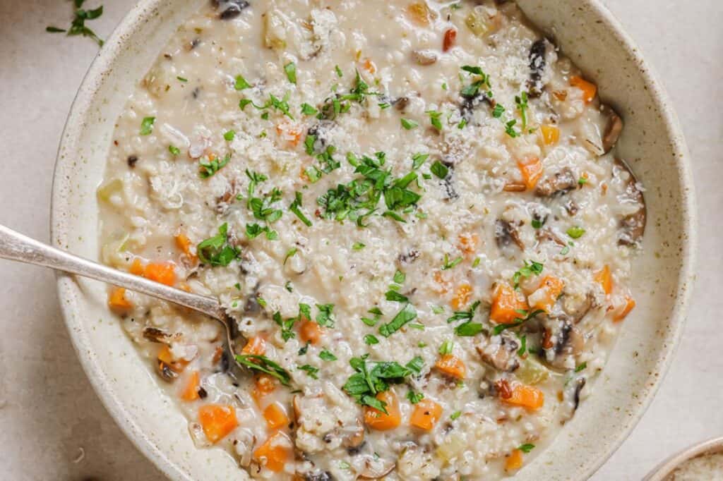 A bowl of wild rice mushroom soup.