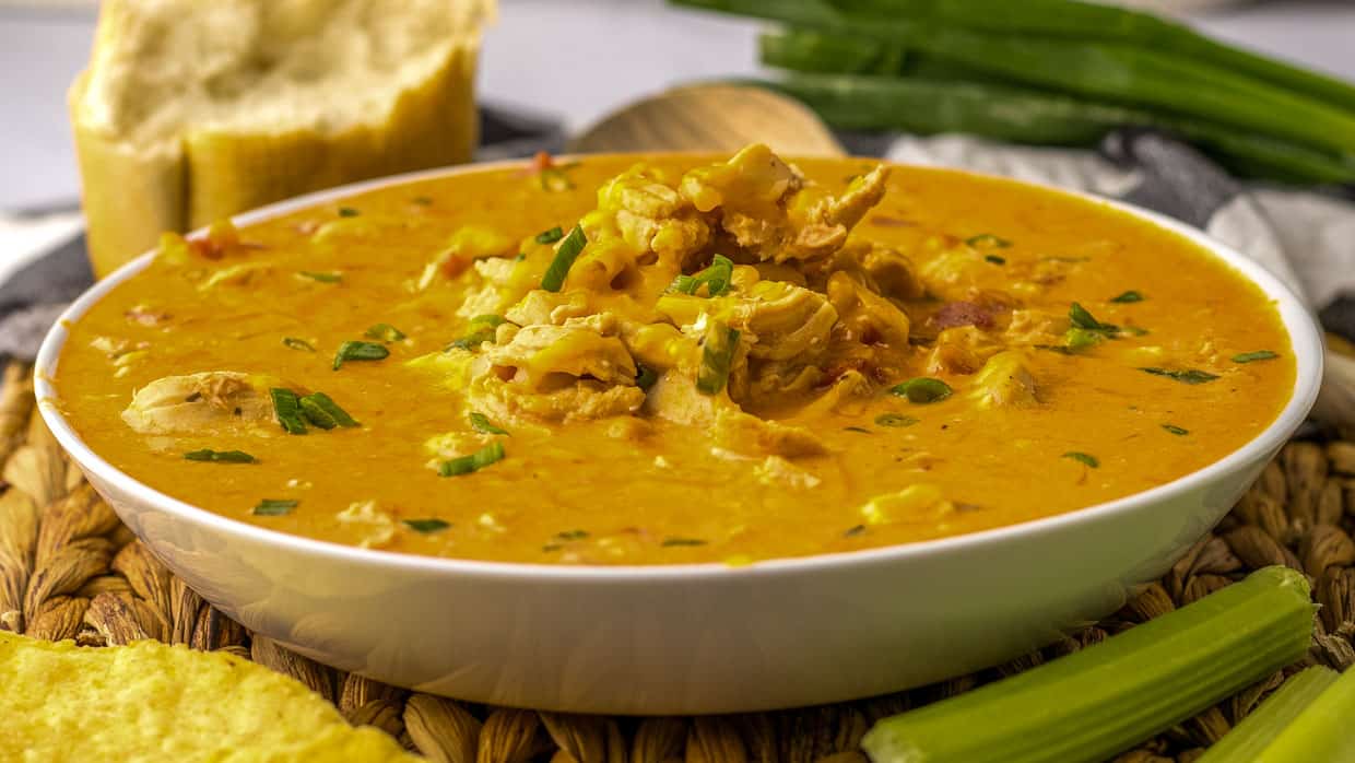 Closeup of a bowl of Buffalo chicken chili.