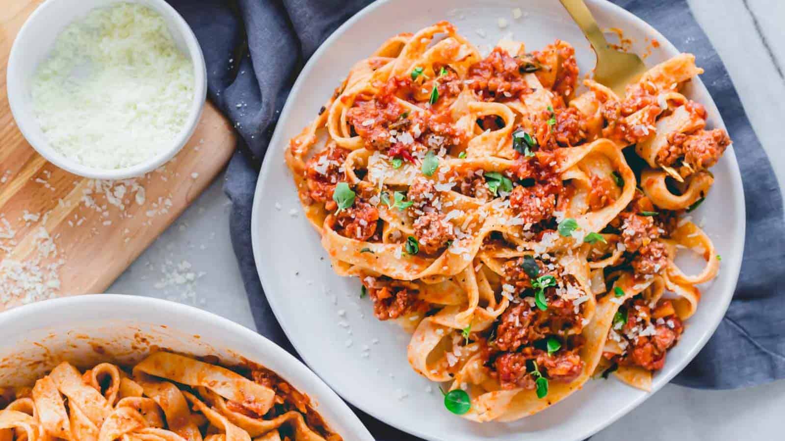 Lamb bolognese with tagliatelle noodles.