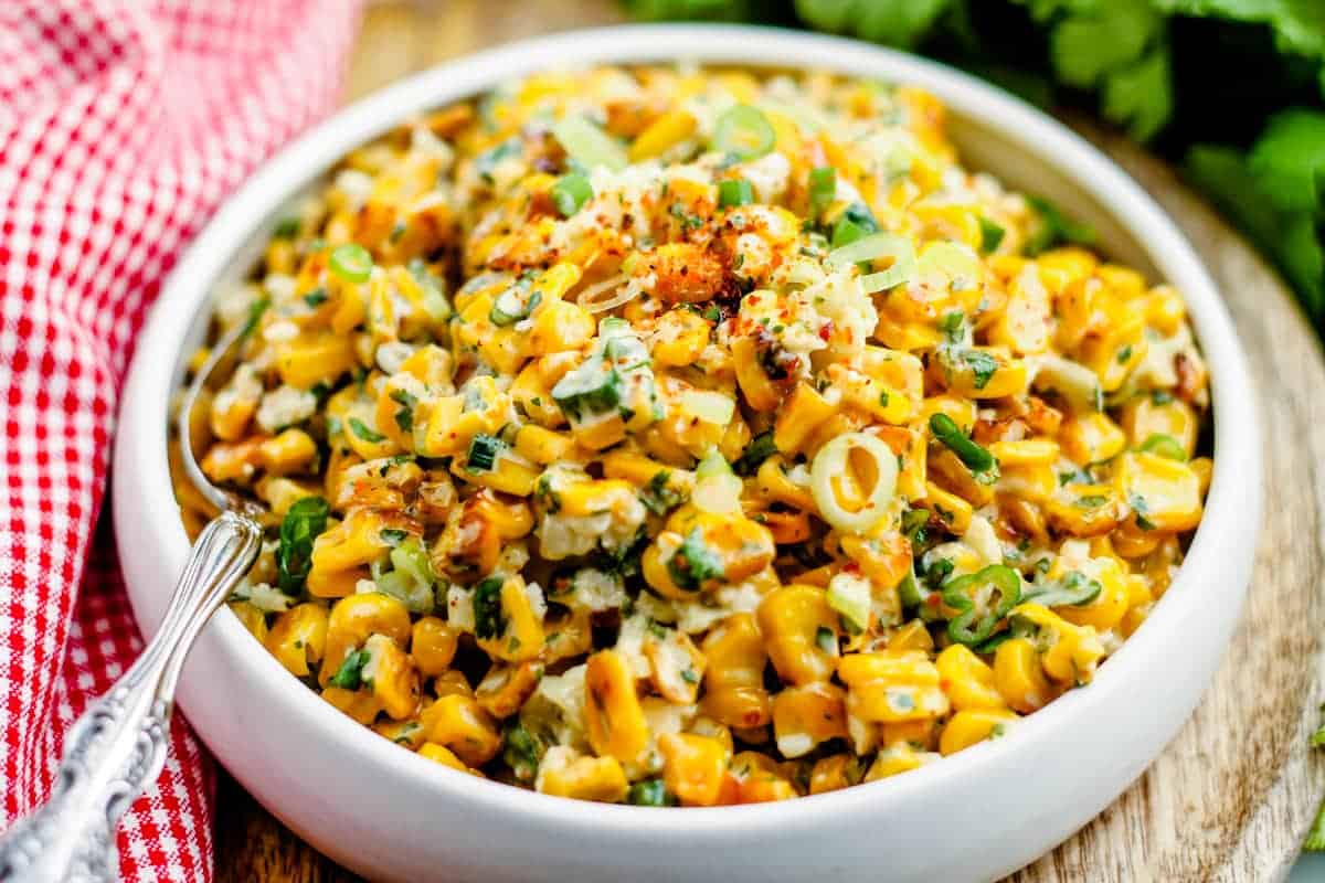 Overhead image of a bowl of Mexican Street Corn.