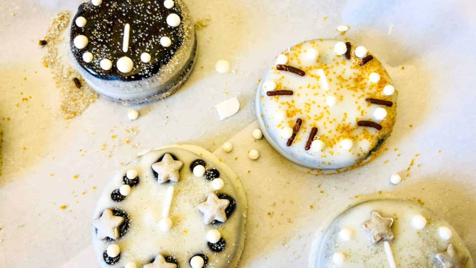 A group of cookies decorated with icing and different shapes of candy sprinkles.