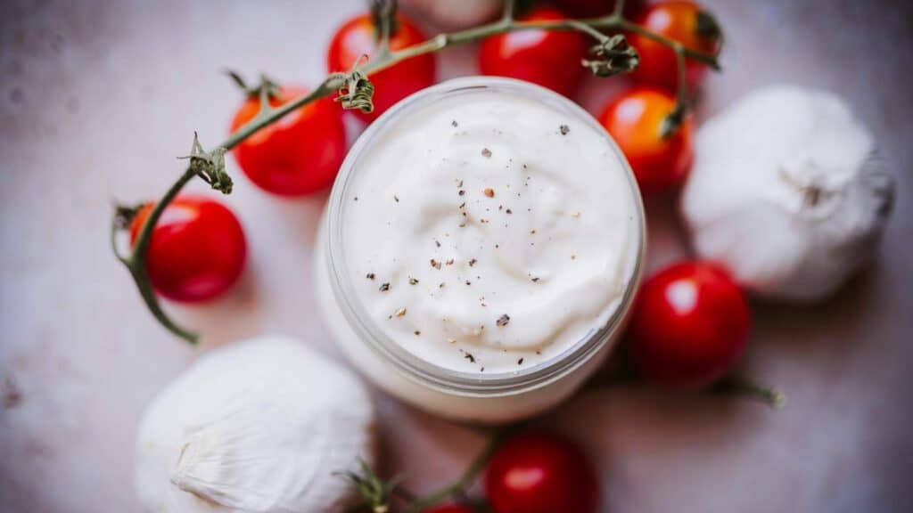 A jar of aioli with tomatoes.