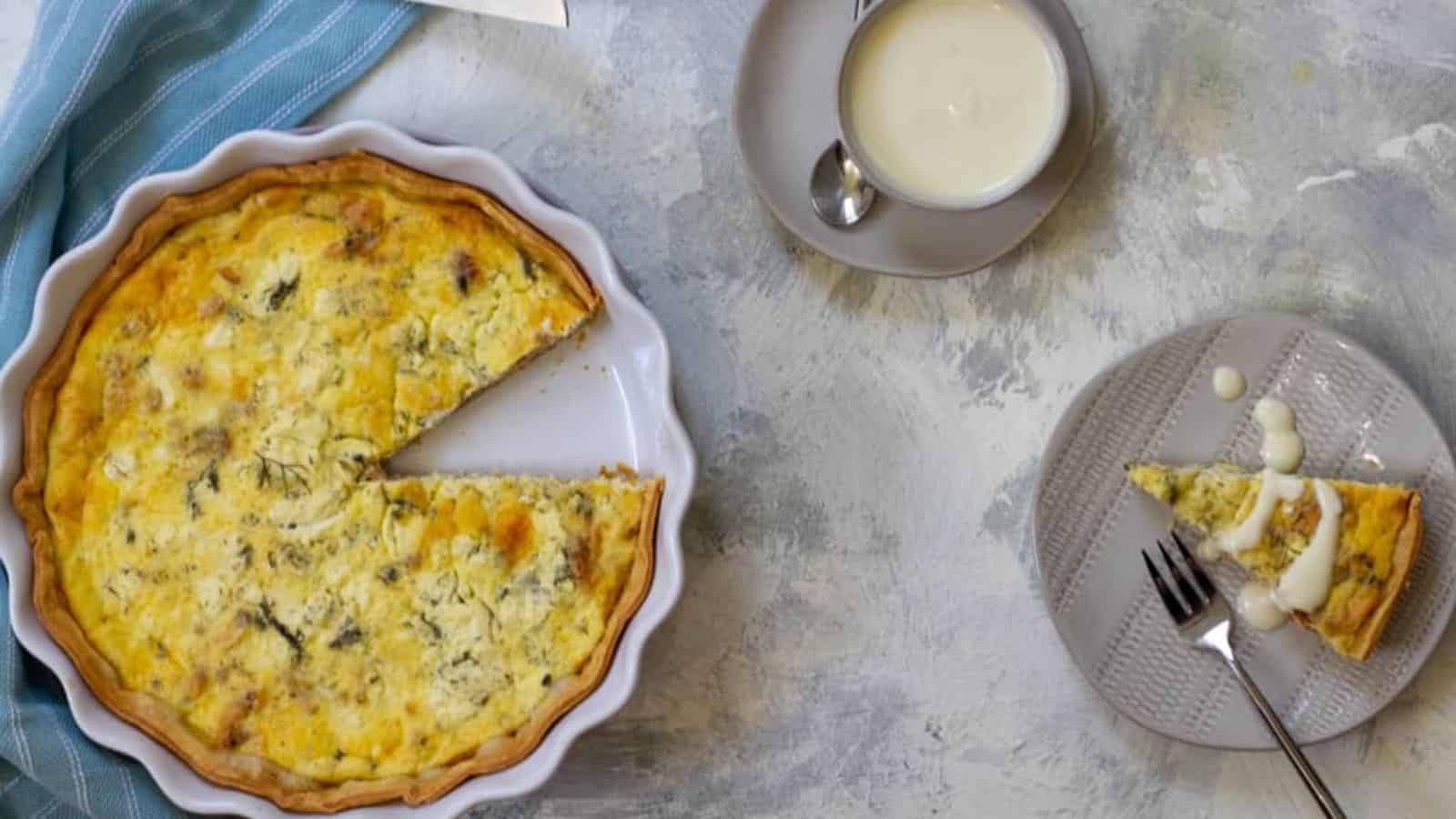 Salmon quiche on a plate.