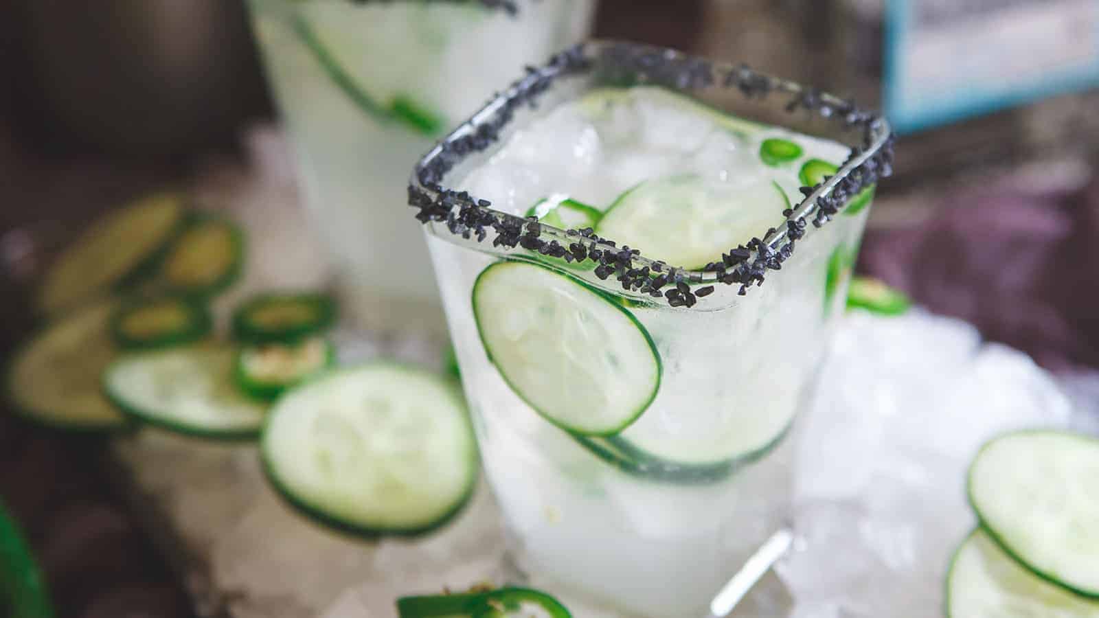 Serrano cucumber margarita with black salt rim.