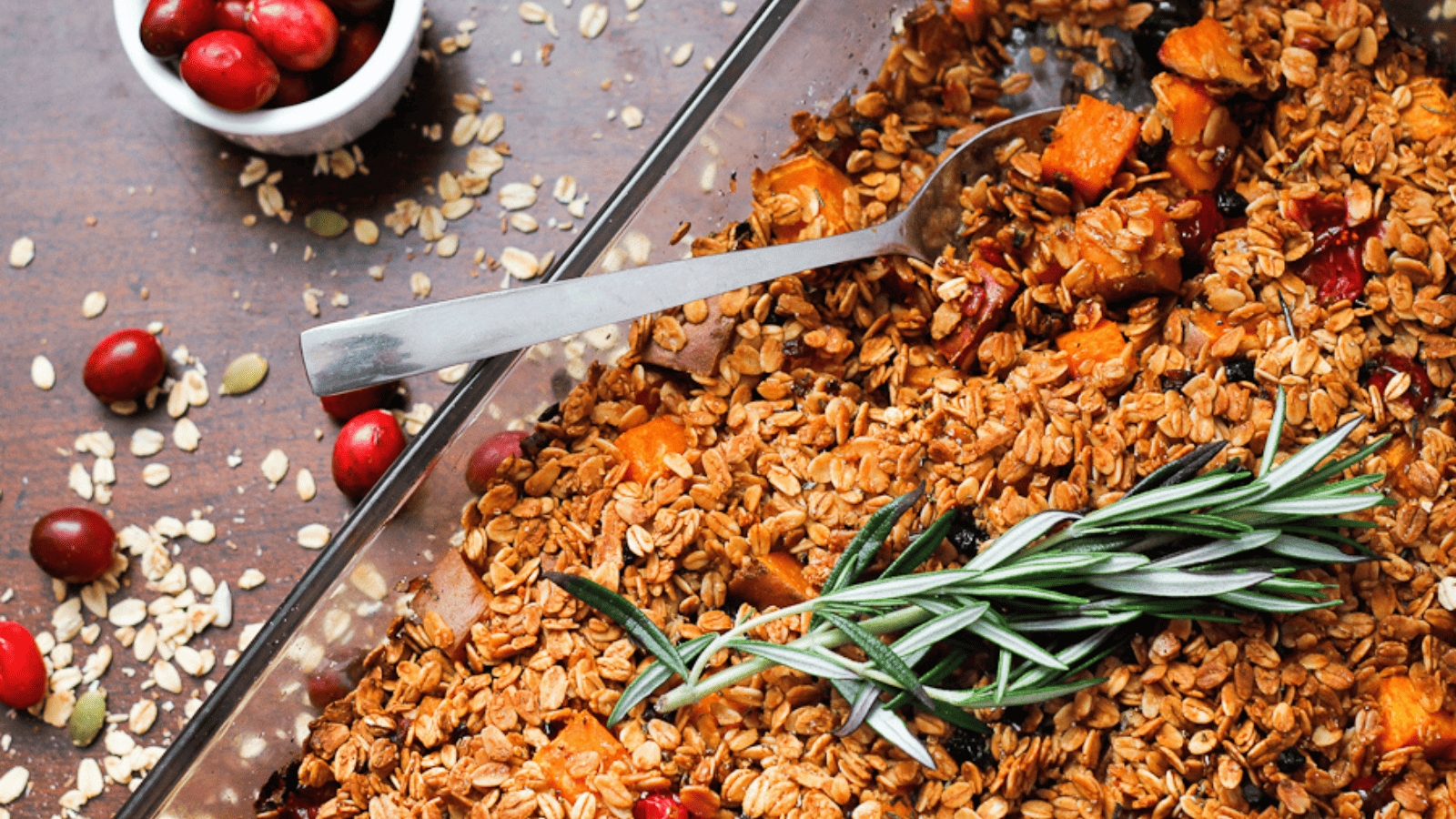 A cozy casserole with cranberries and oats.