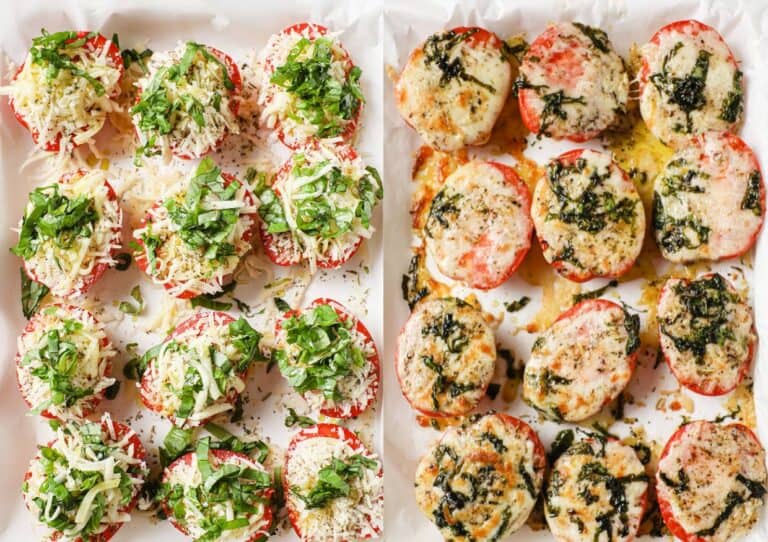 Baked tomatoes with cheese and basil on a baking sheet.