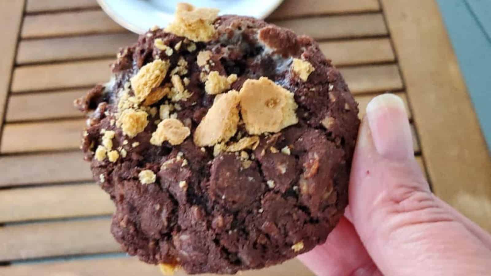 Image shows a closeup of a chewy s'mores cookie held over a wooden table.