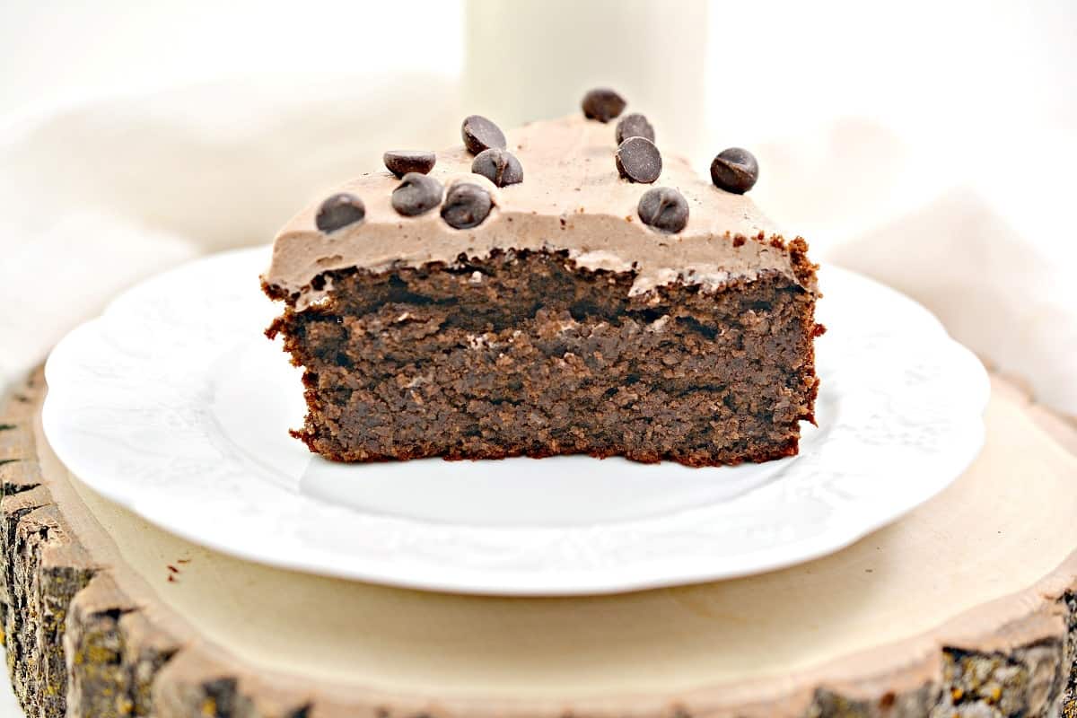 A slice of chocolate cake on a white plate.