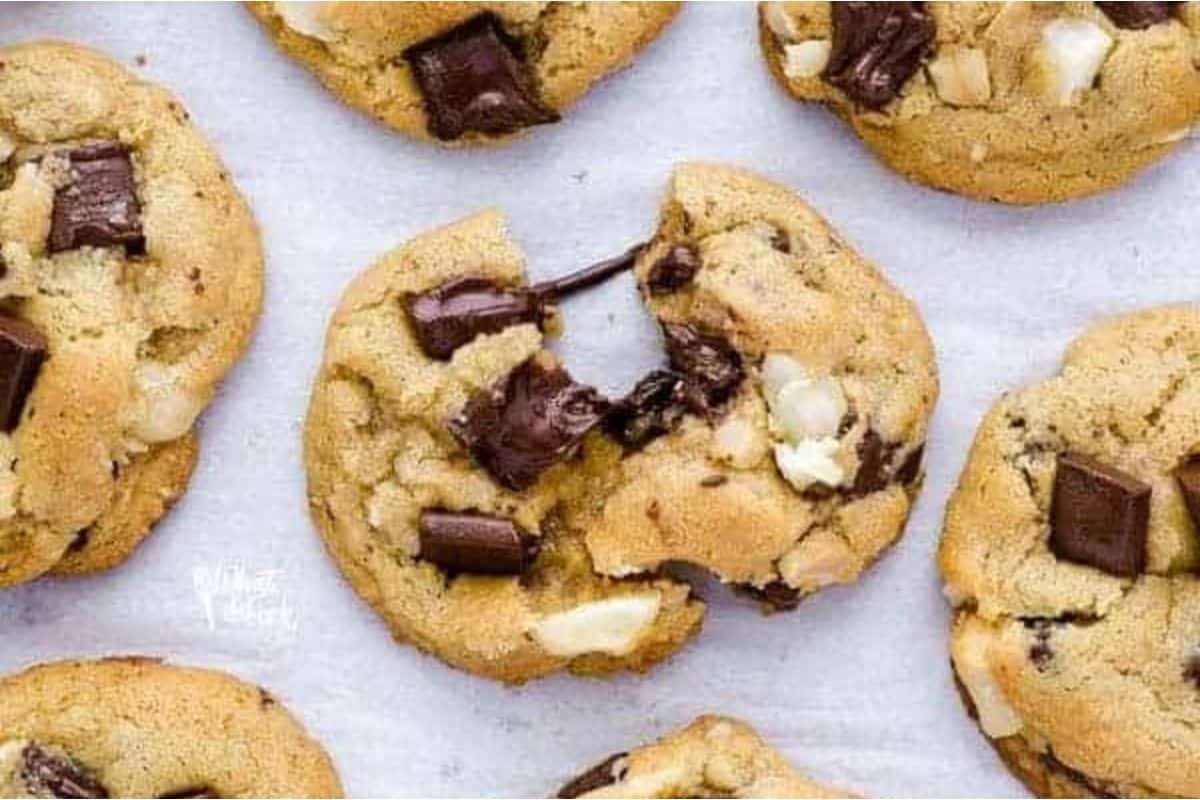 Chocolate chip cookies with white chocolate chips.