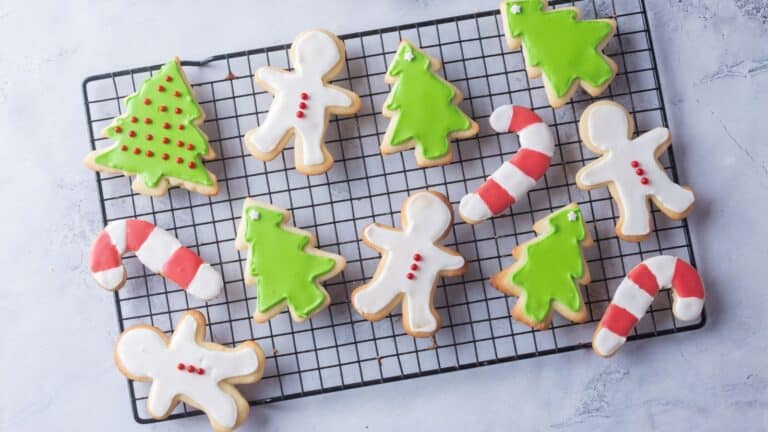 Christmas cookies on a cooling rack.