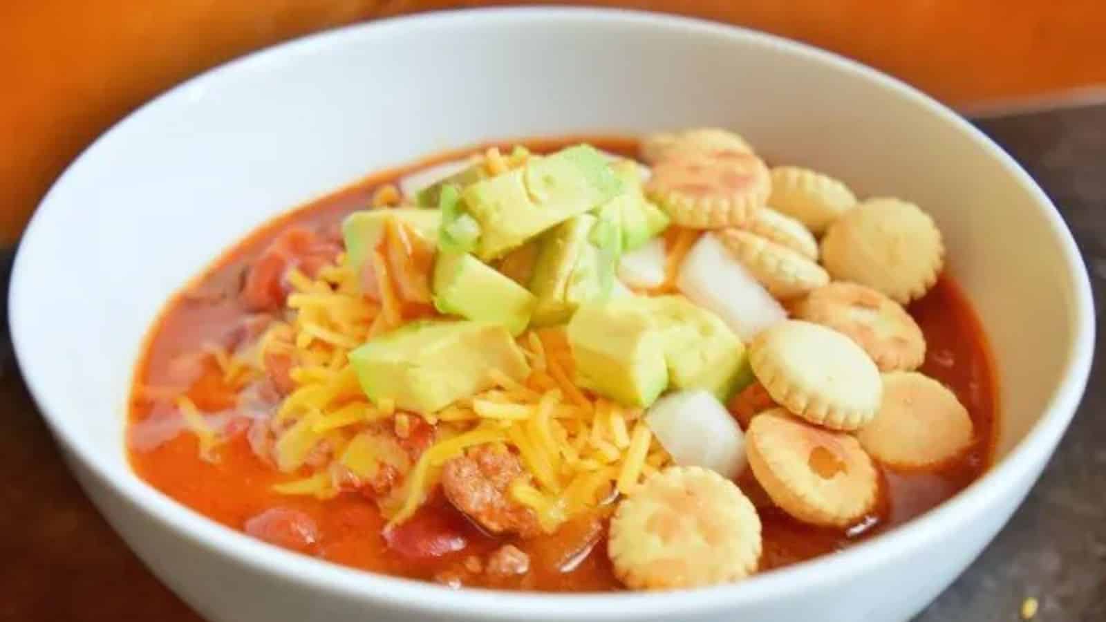 Image shows a closeup of a bowl of Crockpot beef chili.