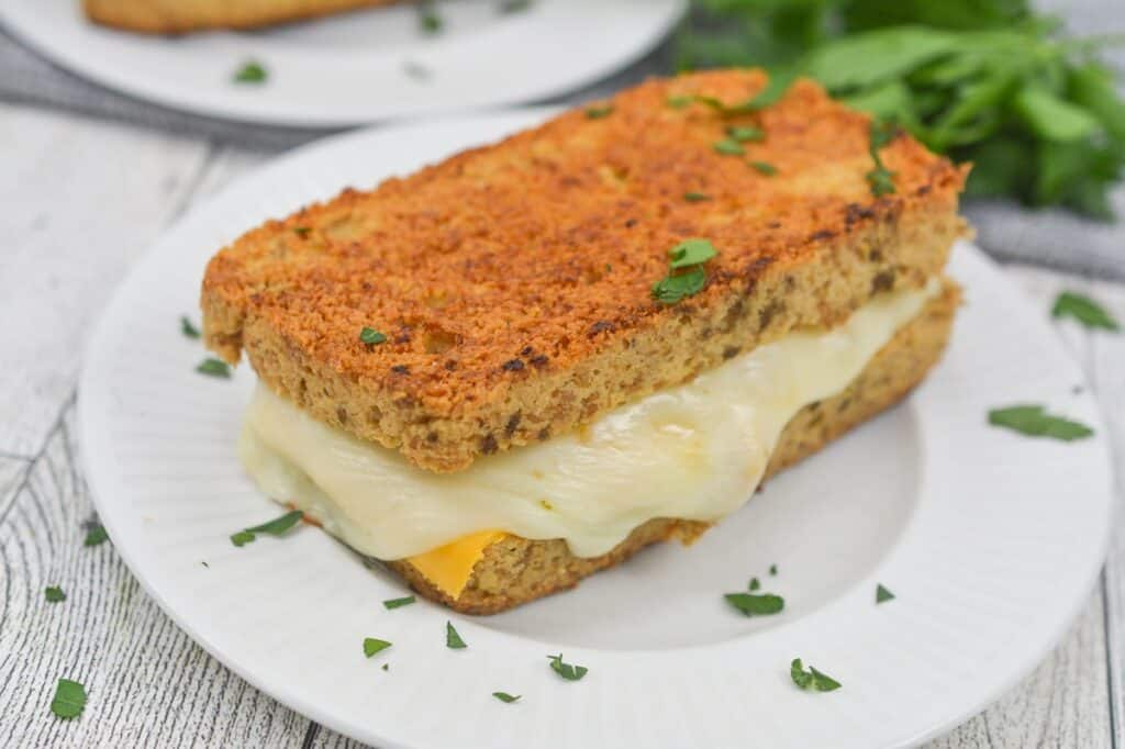 A grilled cheese sandwich on a plate with parsley.