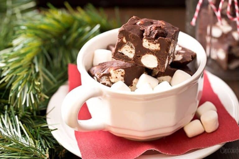 Chocolate marshmallow fudge in a mug.