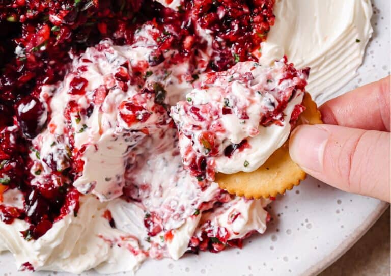 A person dipping a cracker into a bowl of cranberry dip.