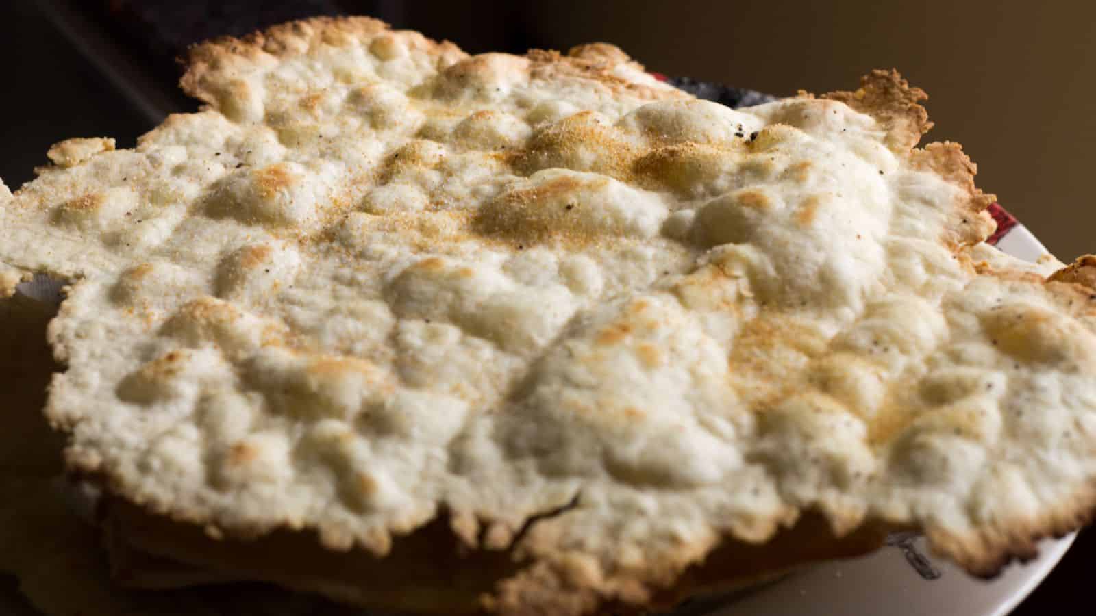 Close up on baked matzo.