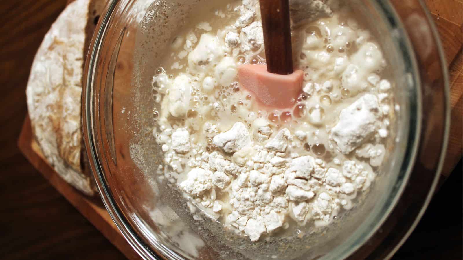 Starter in bowl with bread and spatula.