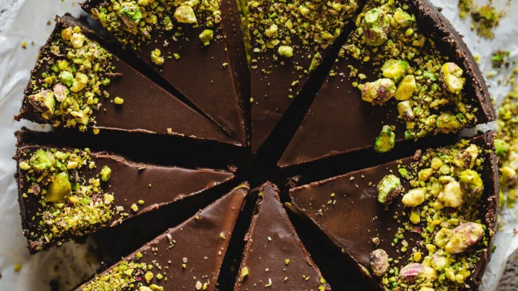 Slices of chocolate pistachio cake.