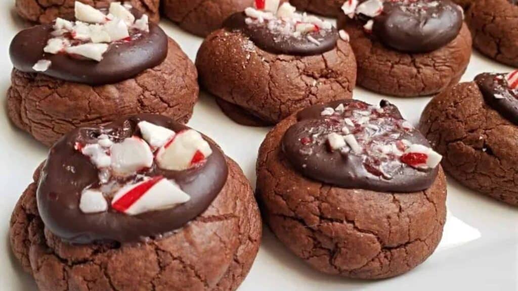 Image shows a white tray with Peppermint Chocolate Cookies sitting in rows.