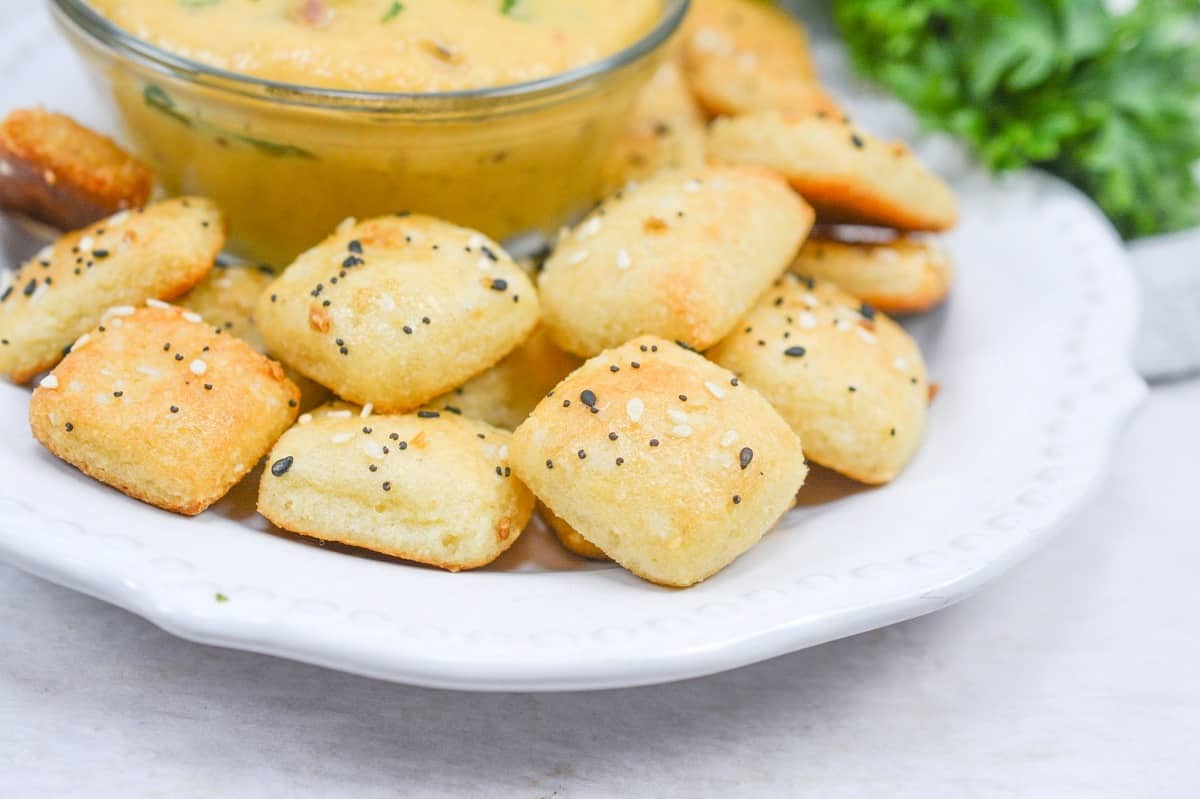 A plate with bread sticks and dip on it.