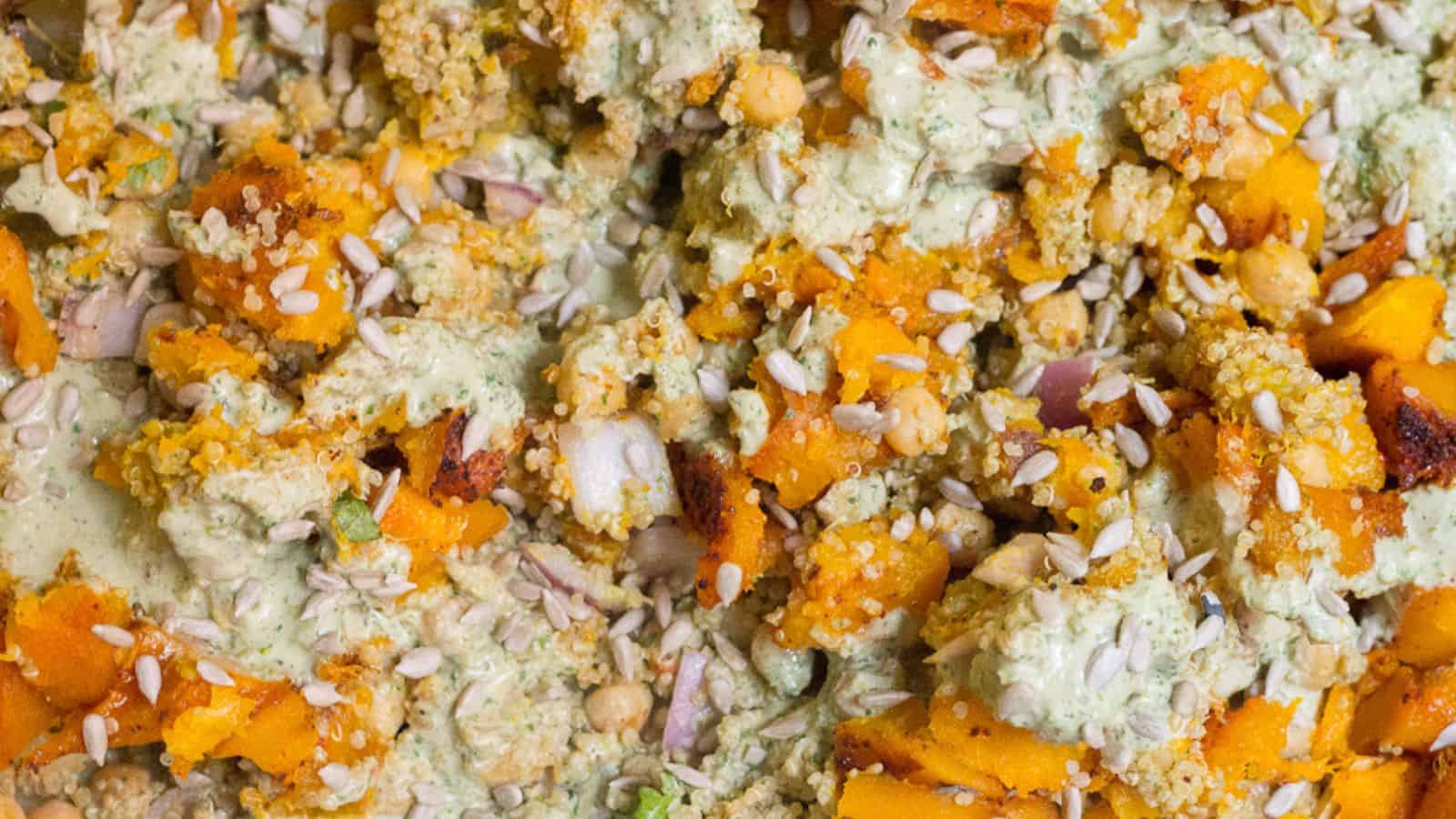 A cozy close up of a casserole with squash and quinoa.