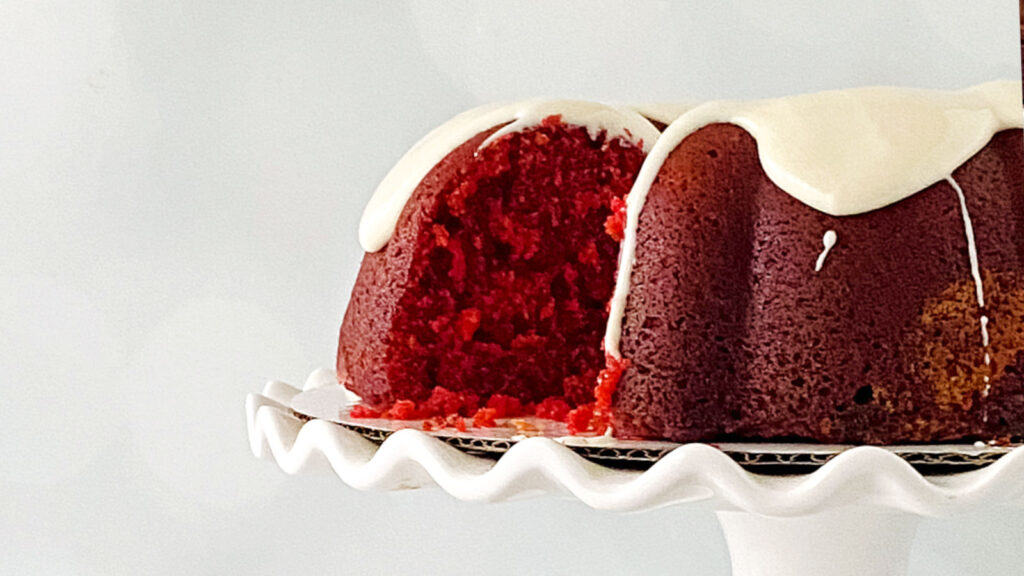 Red velvet bundt cake with cream cheese frosting.