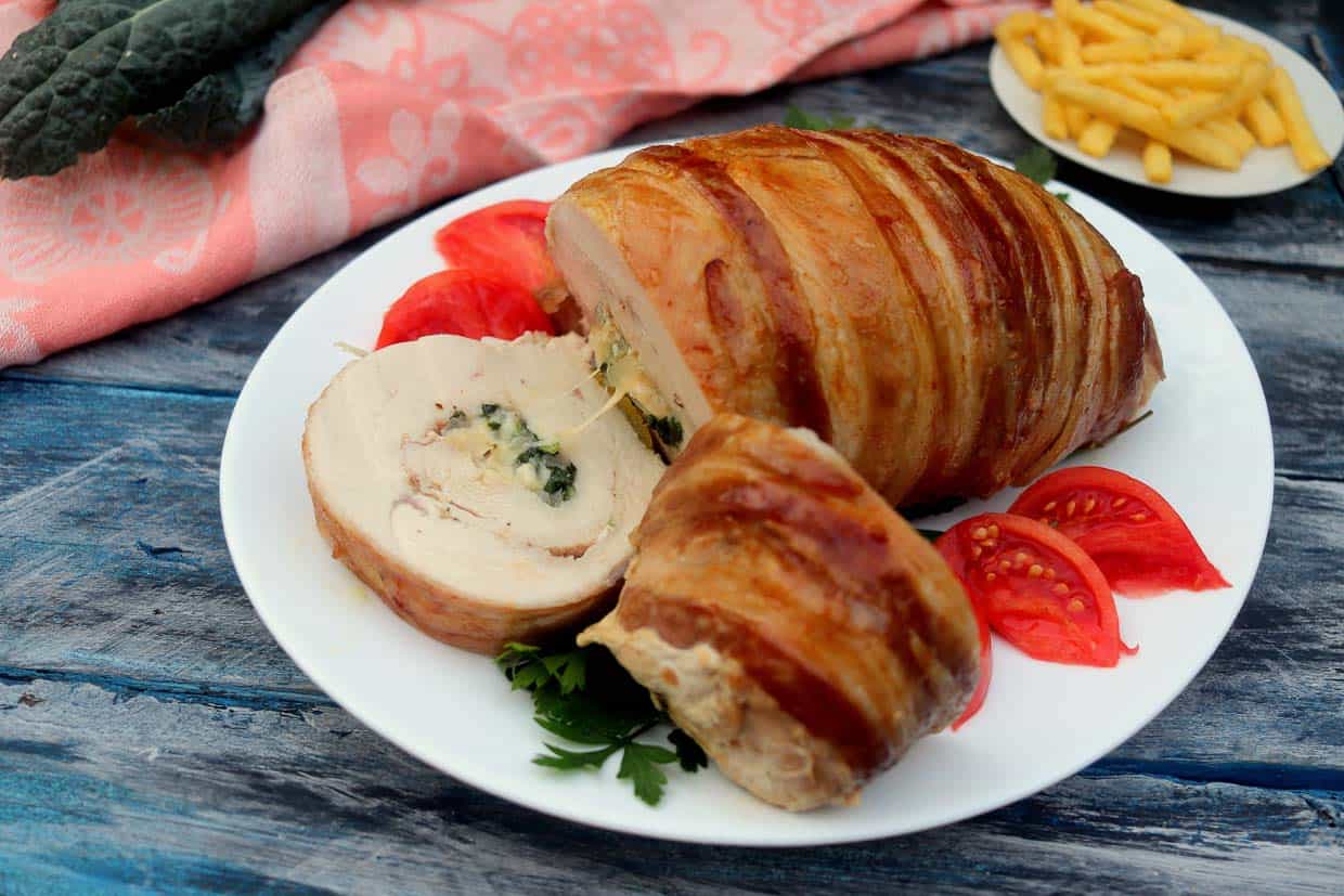 A slice of stuffed turkey breast.