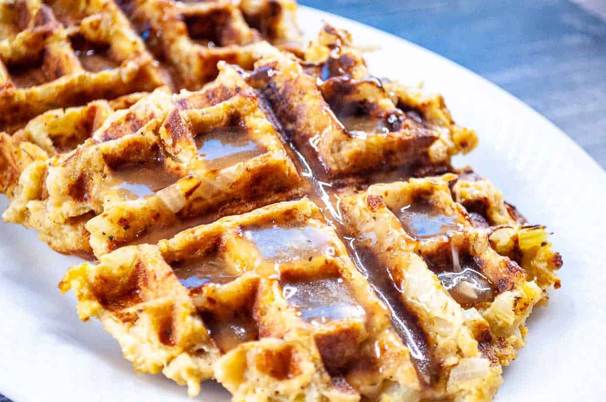 A stuffing waffle with turkey gravy.