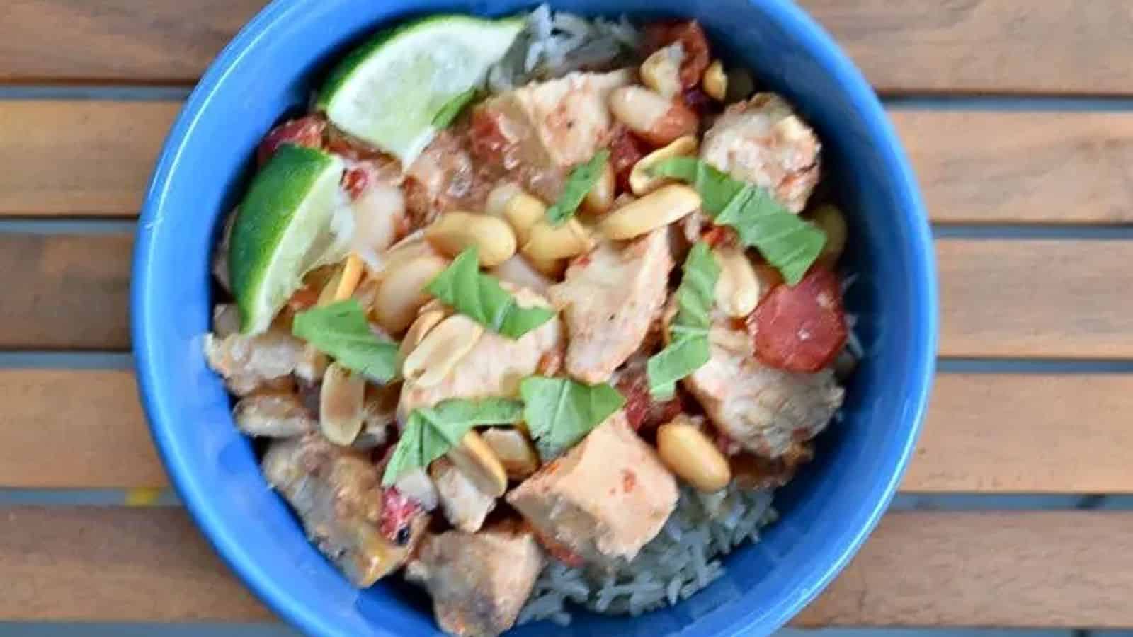 Image shows an overhead shot of a bowl of Thai Chicken Chili.