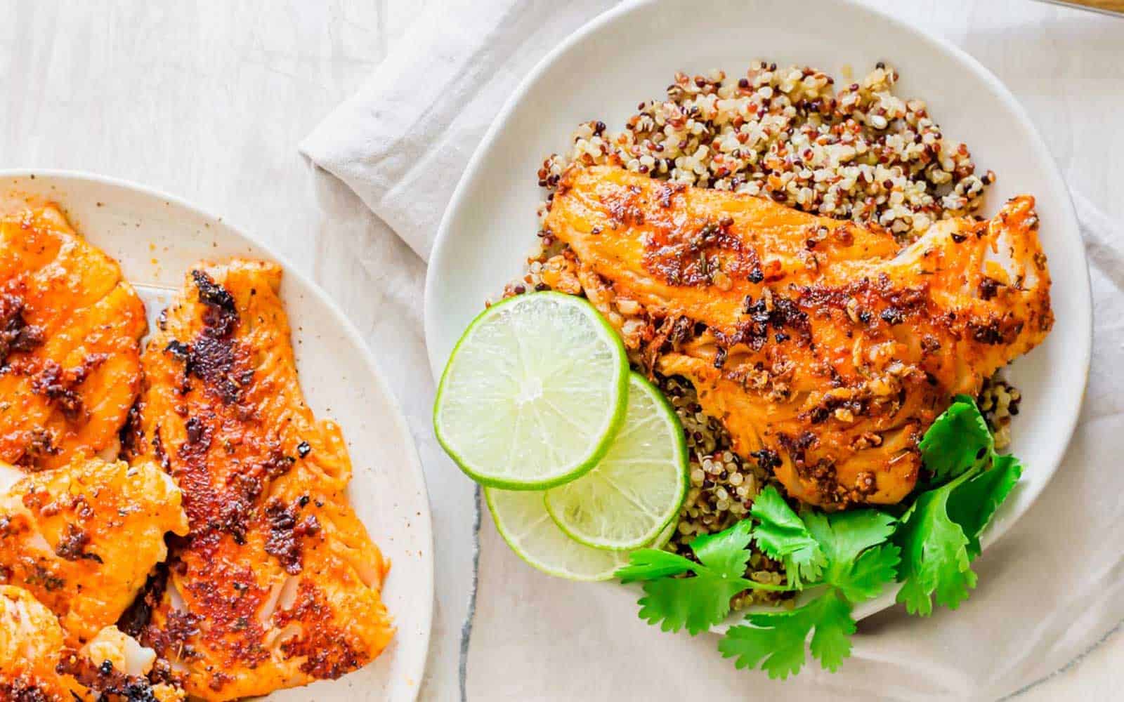 Blackened cod served with tri color quinoa.