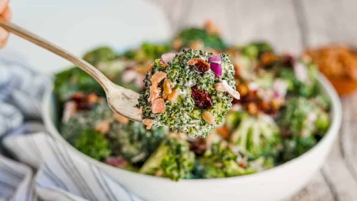 A close shot of a fork full of broccoli salad.