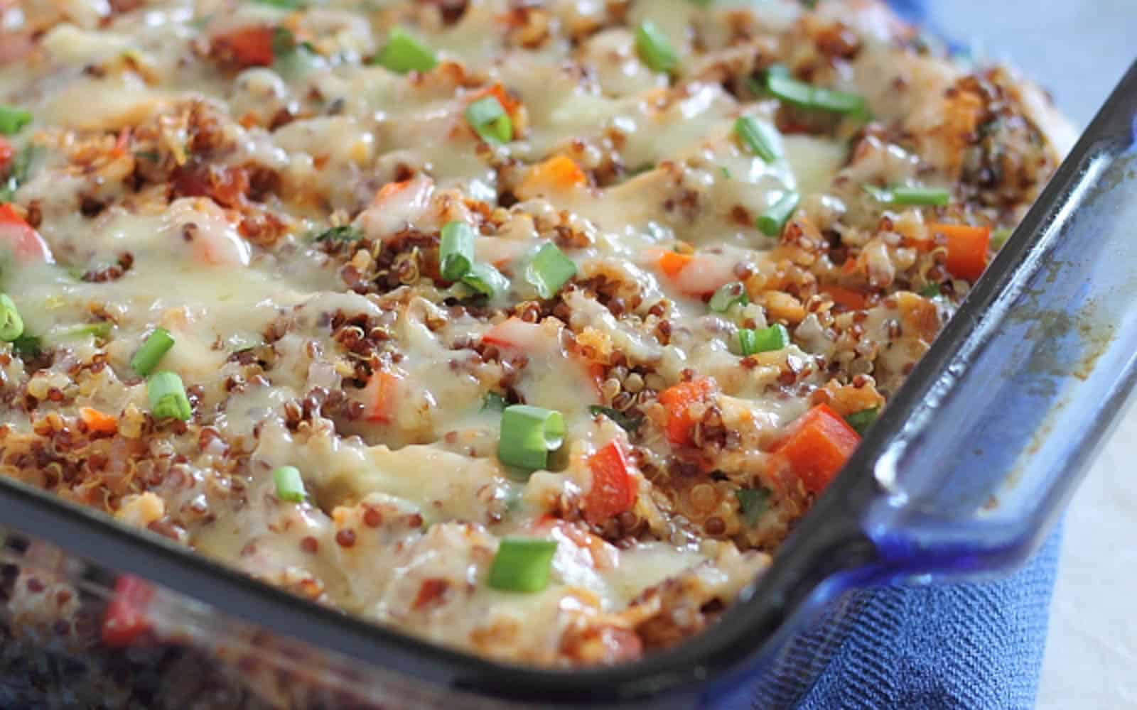 Chicken cheddar quinoa casserole in a pyrex dish.