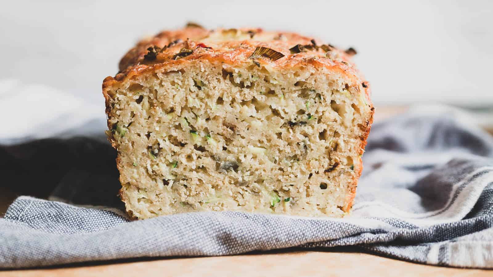 Head on shot of cheesy zucchini bread loaf.