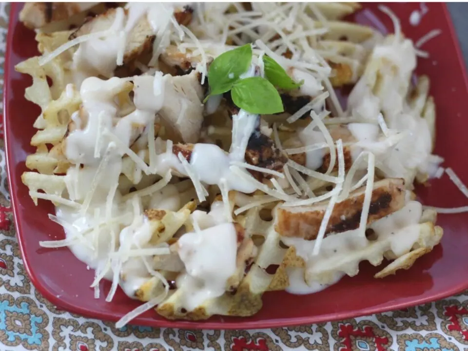 Red plate with waffle fries, alfredo sauce, and grilled chicken.