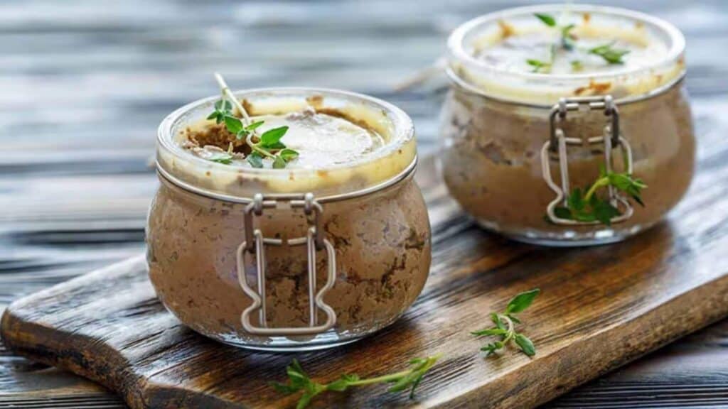 Two jars of beef liver pate on a cutting board with thyme on top.