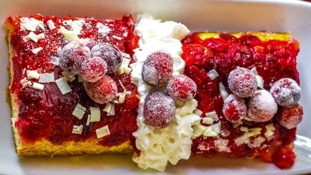 A plate of cranberry cake with whipped cream and cherries.