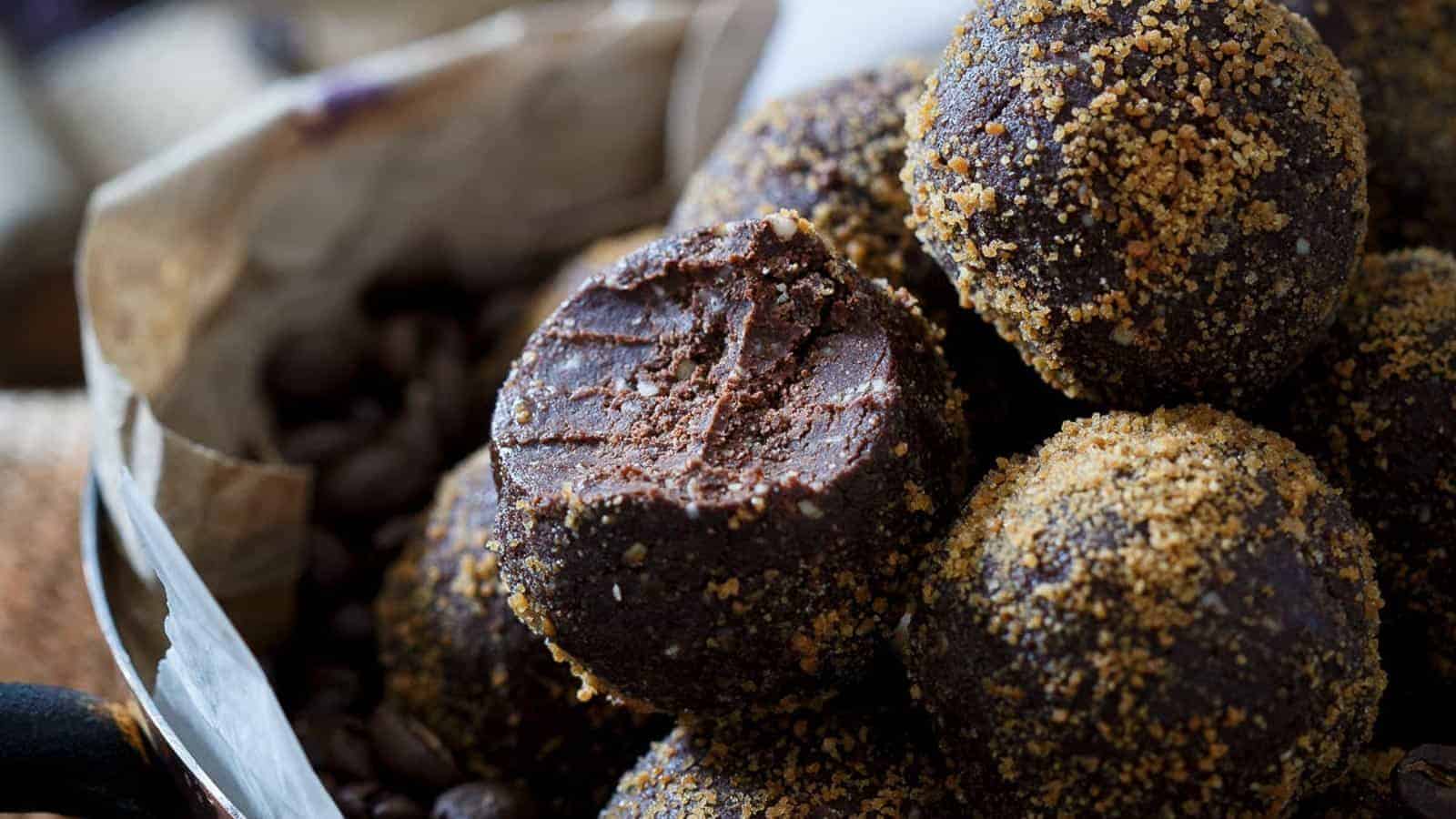 Dark chocolate Kahlua coffee bites in a bowl.