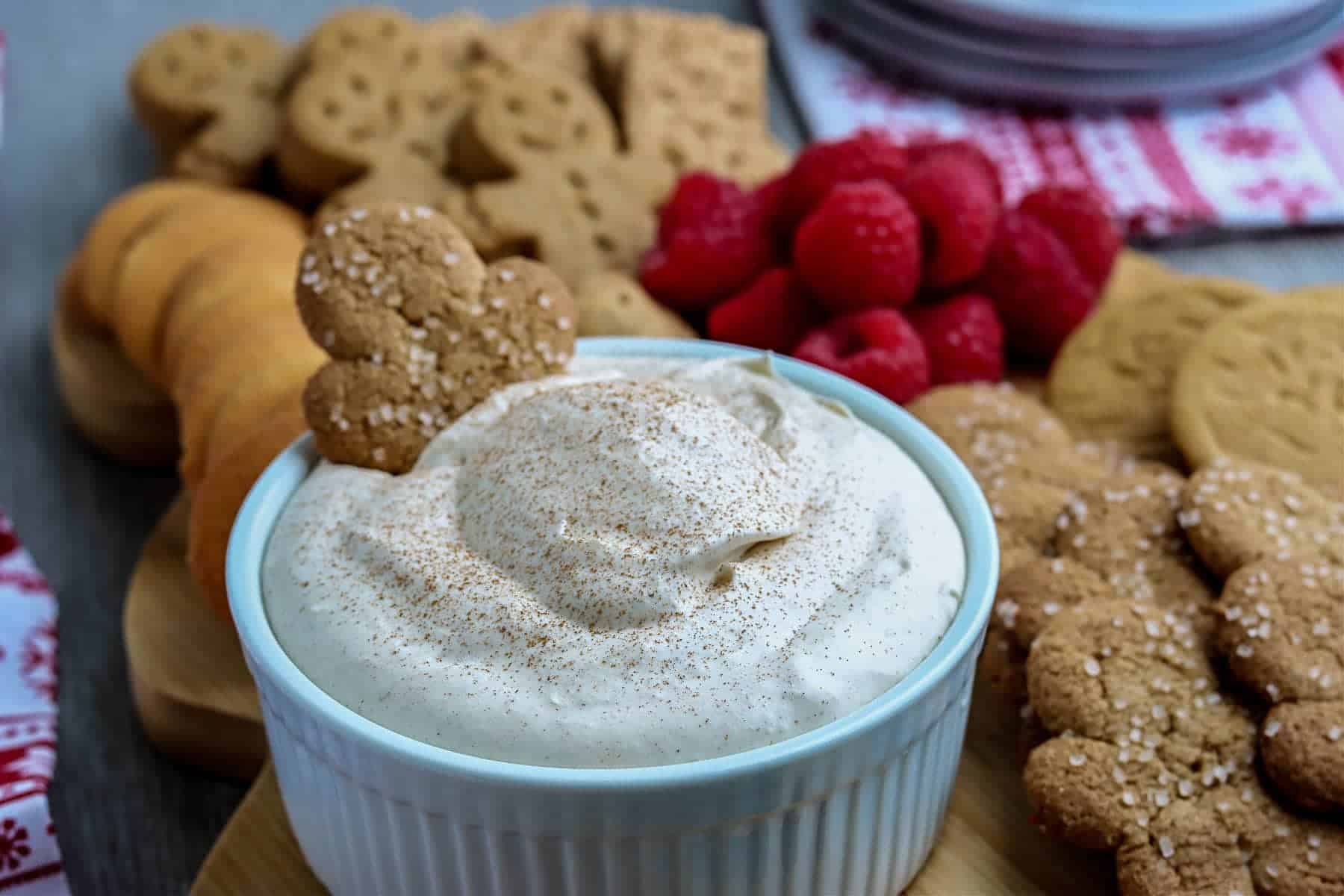 Gingerbread man in eggnog dip.