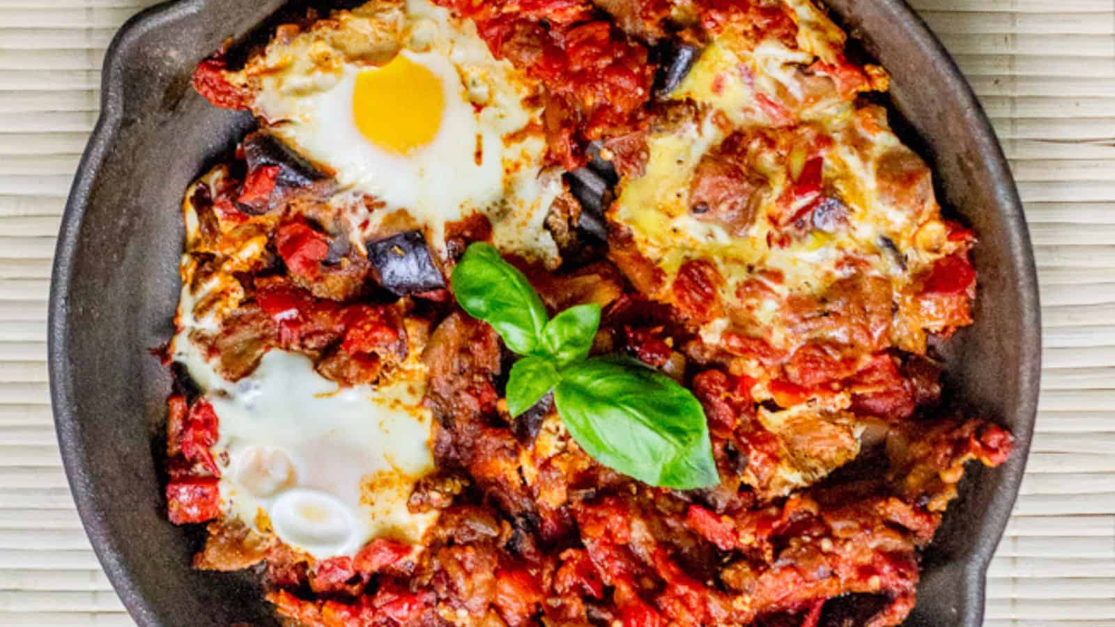 Eggplant shakshuka in pan.