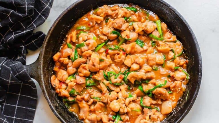 Gochujang chicken in a skillet on a table