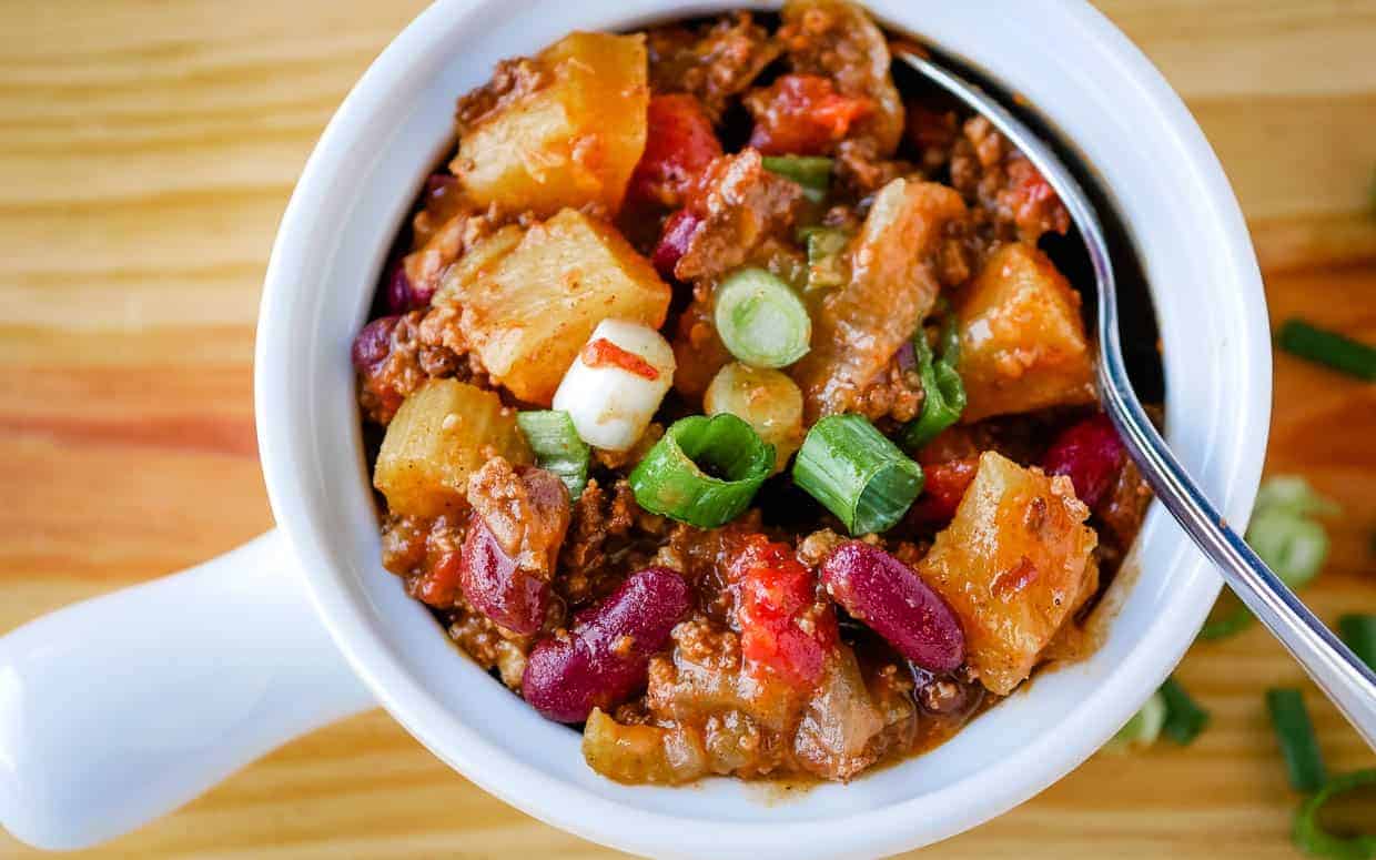 Top view of a bowl of pineapple chili.