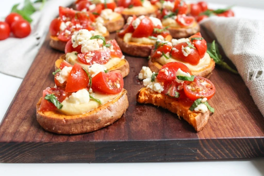 Sweet potato bruschetta with feta and tomatoes.