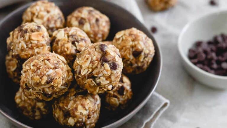 A bowl of peanut butter chocolate granola energy bites.