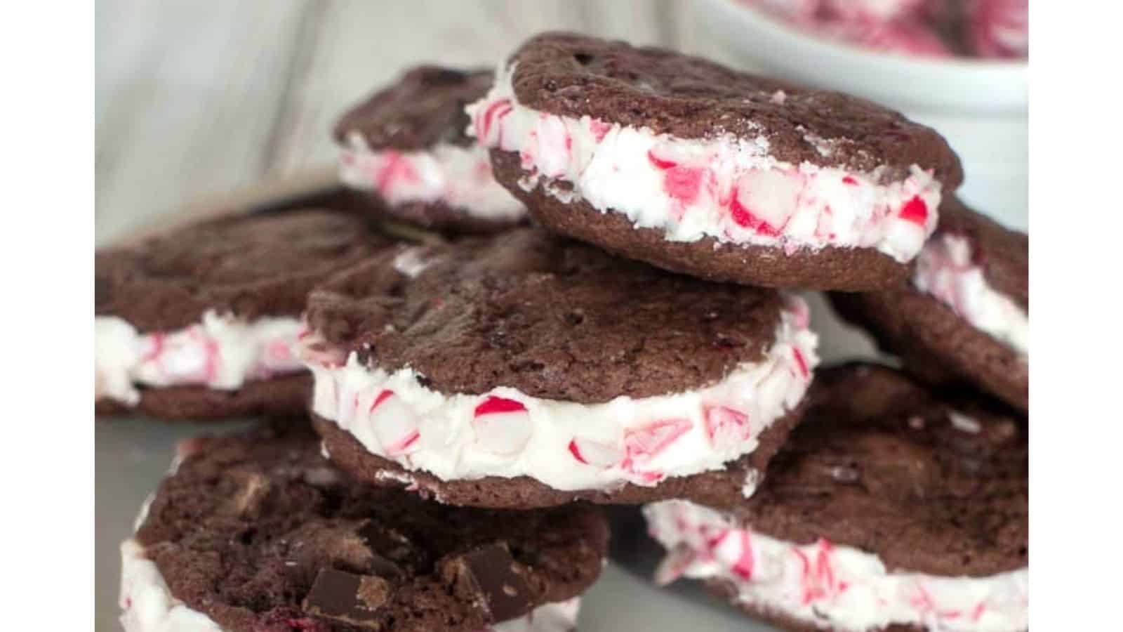 Stack of chocolate sandwich cookie with peppermint.