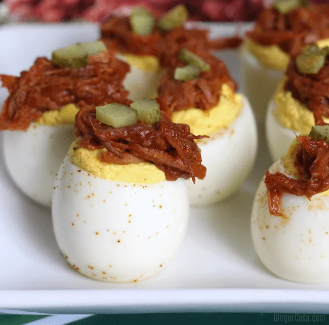 Blue plate with deviled eggs.