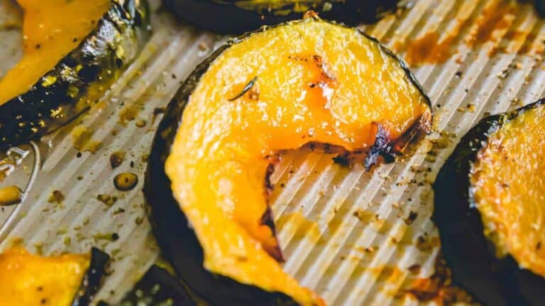 Roasted buttercup squash on a baking sheet.