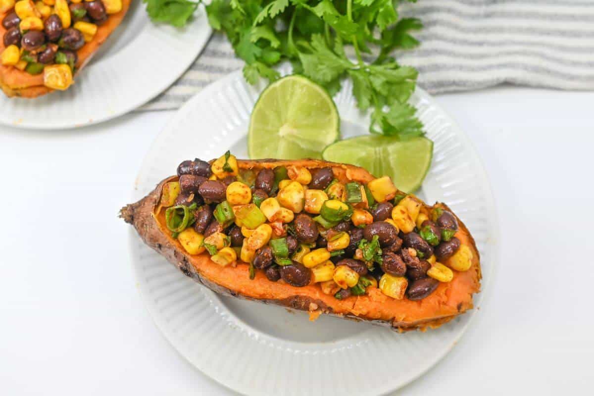 Sweet potato stuffed with black beans and corn.